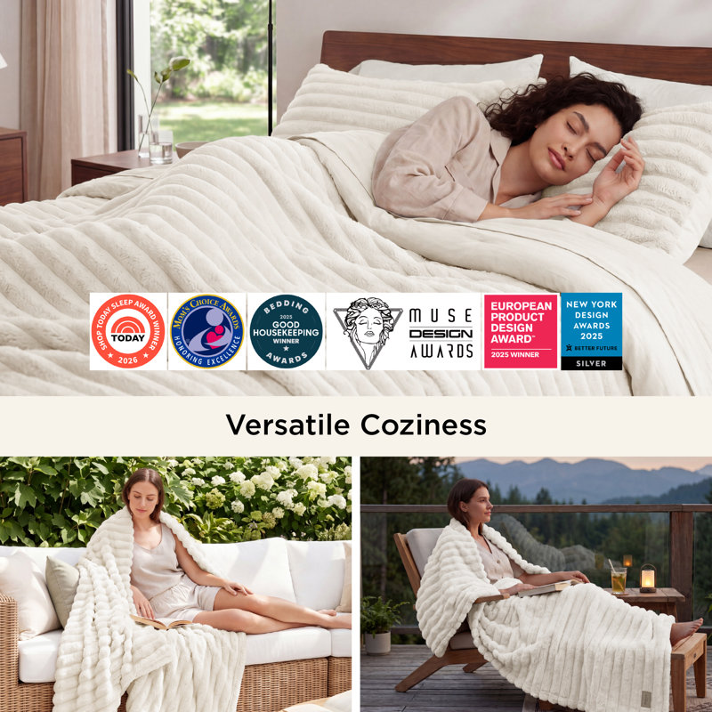 Bedsure King 2-in-1 Comforter Set with Detachable Fluffy Blanket – White SnapTech Design Bed-in-a-bag, All-Season Bedding Set(Set of 6)