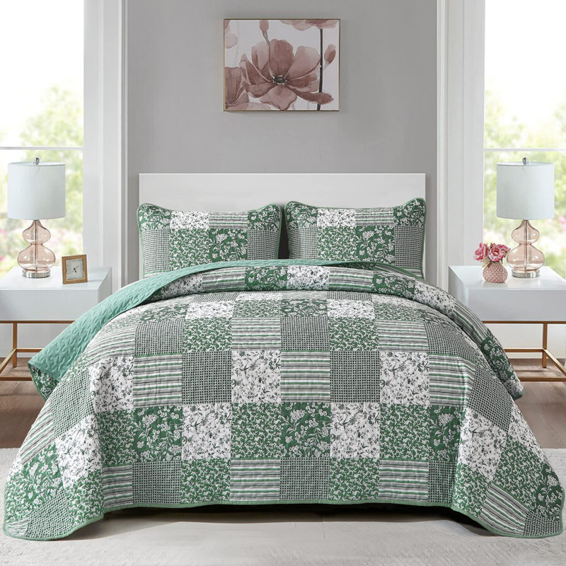 Ensemble de courtepointe à motif floral Boho, 3 pièces, Très grand Qulit + 2 très grandes taies décorat, Vert