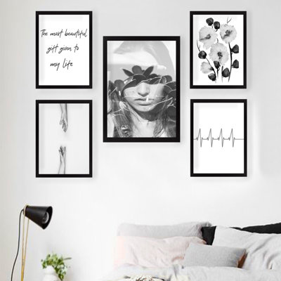 Elegant 5-Piece Decorative Framed MDF Wall Art Set, Black & White | Includes (4) 9.4 x 11.4 in & (1) 13.4 x 17.3 in Frame | 100% MDF (Thickness: 0.8 in) & Durable Plastic Frame | Perfect for Home or Office Décor