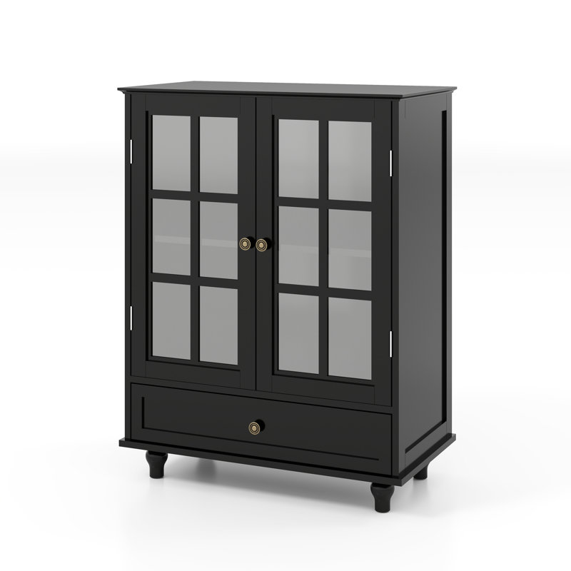 Black Buffet Cabinet With Double Glass Doors And Solid Wood Legs, For Kitchen, Bedroom - Water Based Painted Surface, Customizable Storage Modern Living Room, Dining Room Adjustable Storage, Smooth