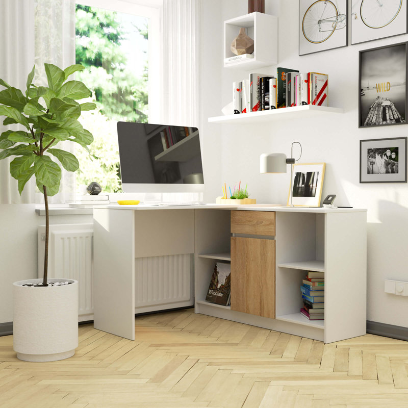 Eldur L-Shaped Computer Desk, White/Sonoma Oak