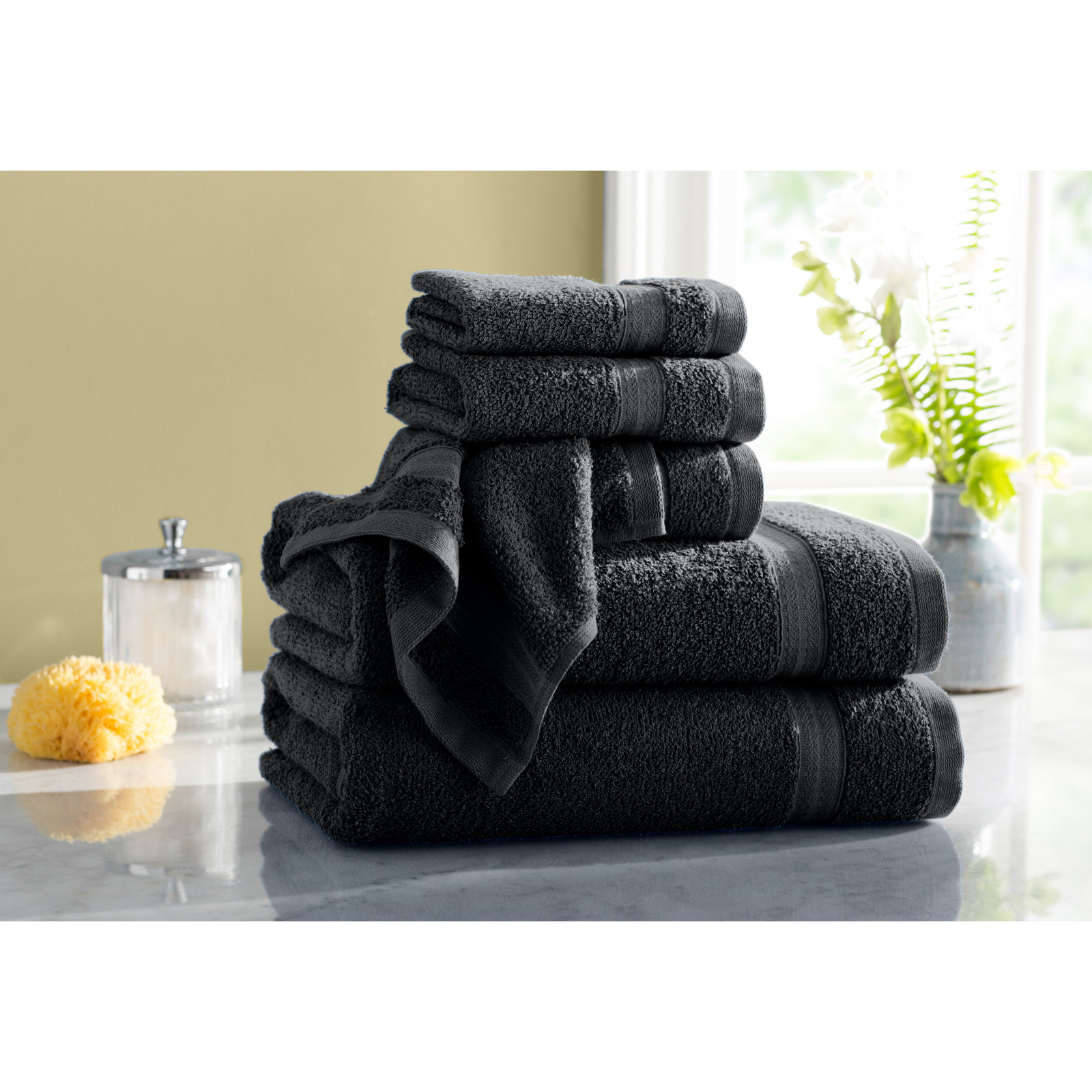 6-Piece Quick-Dry Cotton Towel Set, Black