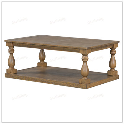 Vintage Coffee Table with Artistic Vase Column Legs and Luxurious Pine Veneer, Perfect for Living Room and Study Elegance