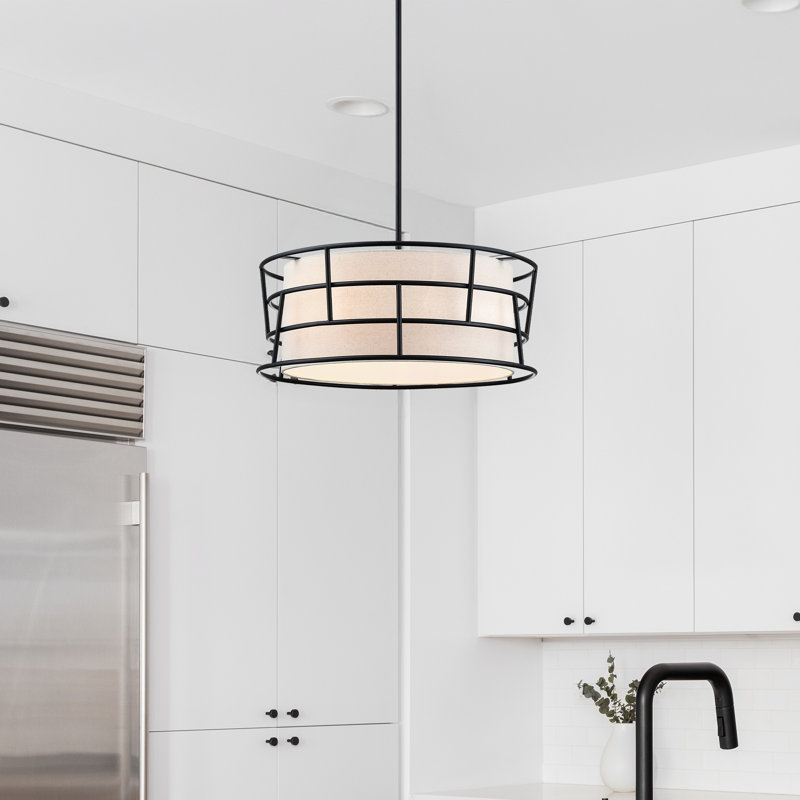 Beckles 60 Watt 3-Light Drum Pendant with Fabric Shade and Metal Outer Cage, Matte Black