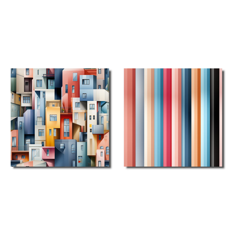 Cityscape Lines Striped Pattern II - ensemble de 2 collages carrés abstraits, Toile tendue, H 36 po x l 73 po