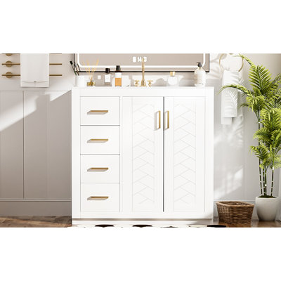 Meuble-lavabo de 36 po, lavabo en céramique, 3 tiroirs, charnières, rangement spacieux, motif de rainure unique, poignée en métal exquise, glissière de tiroir lisse, conception rétro pour armoire avec style