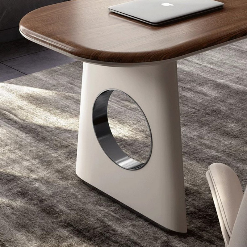 Nut-brown+Griege L-Shaped Manufactured Wood+Stainless Steel with 3 drawers desk, 29.53" H x 70.87" W x 59.06" D