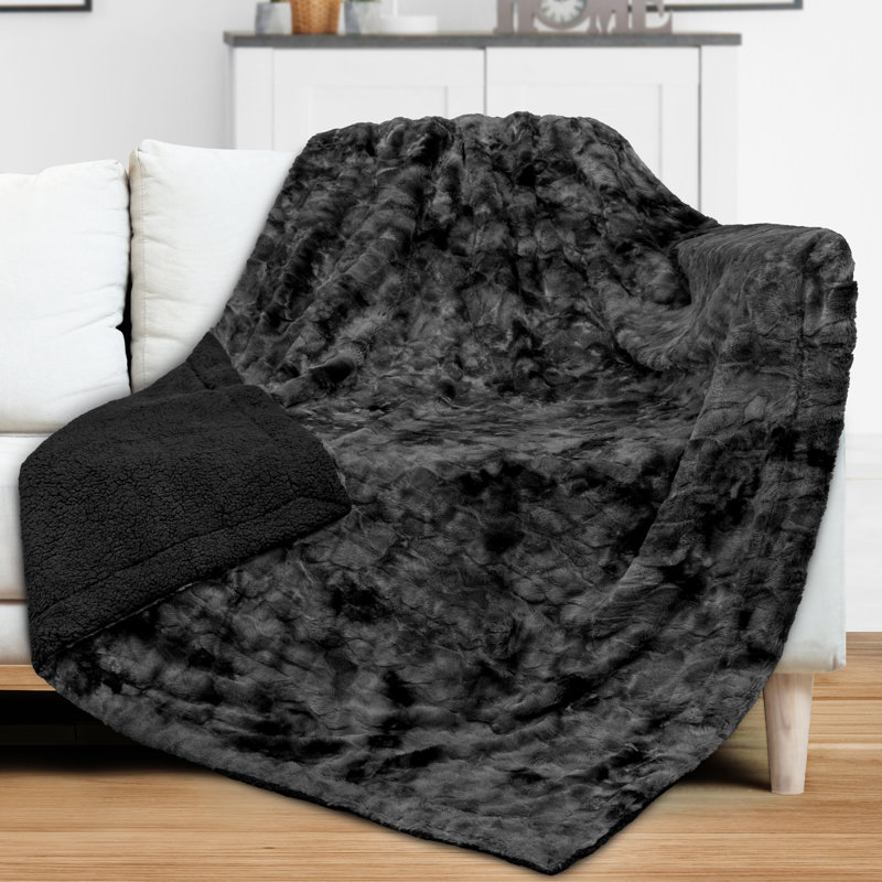 Black Tie-Dye Faux Fur Sherpa Reversible Throw Blanket