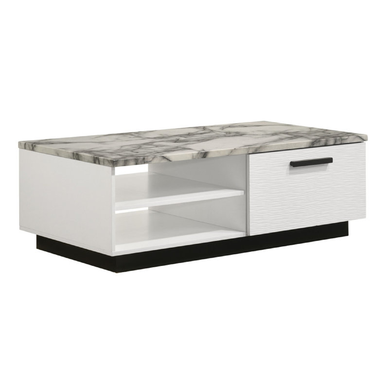 Table basse Sda, plateau en faux marbre de 47 po, tiroir et 2 tablettes, blanc