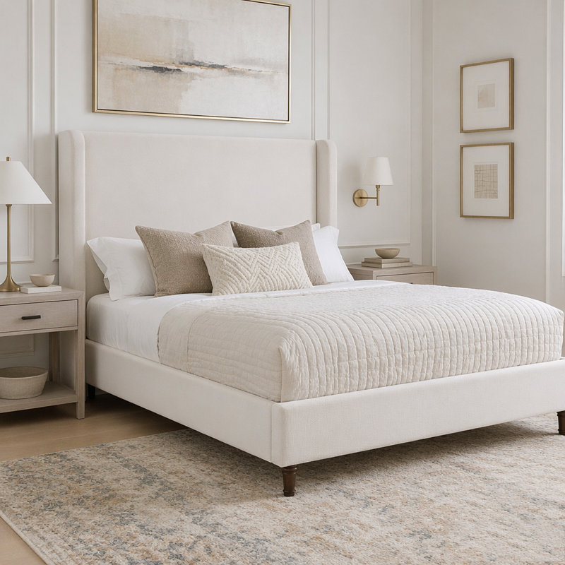 Lit tapissier avec tête de lit Elegant Simplicity, California King, Cream White Chenille
