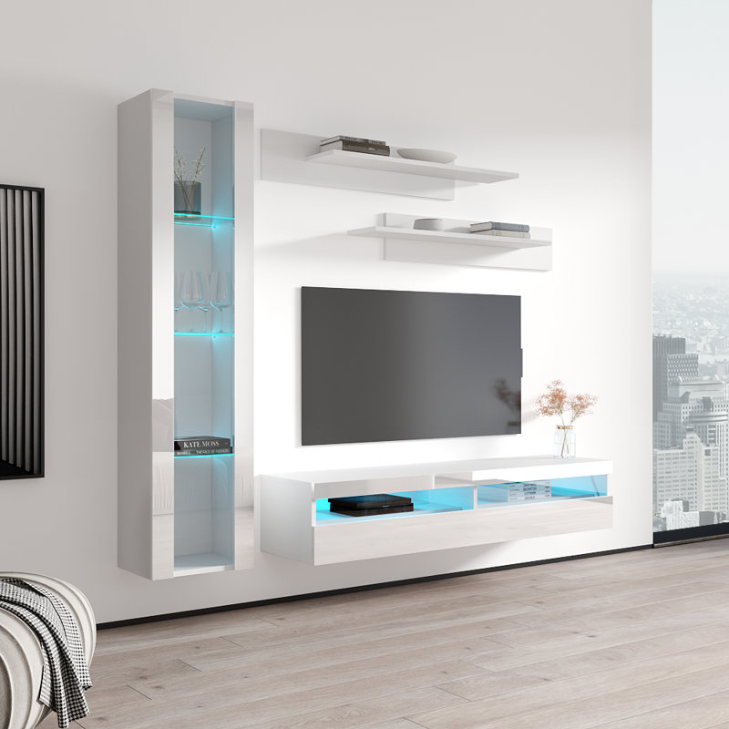 Lineberry 85" Modern Floating Wall Mounted Entertainment Center with 16-Color LED Lighting, High Gloss Finish, White