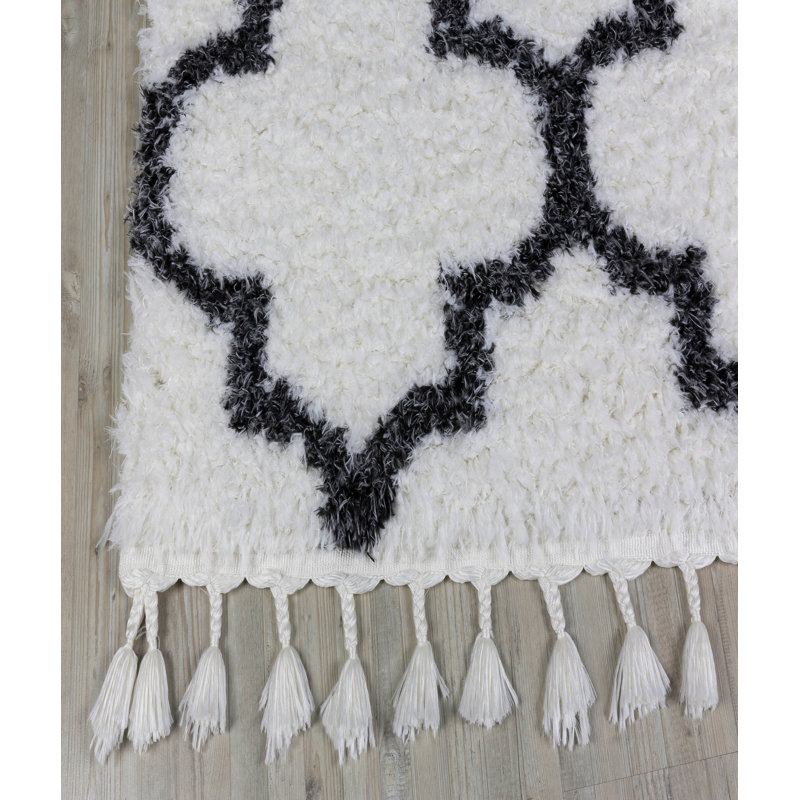 Tapis luxueux, blanc et anthracite | 100% polyester brillant, hauteur de poils de 1,97 po | Semelle en jute de coton durable, 400 000 points de fil | Conception à franges, nettoyage facile à l'aspirateur, décoration intérieure élégante