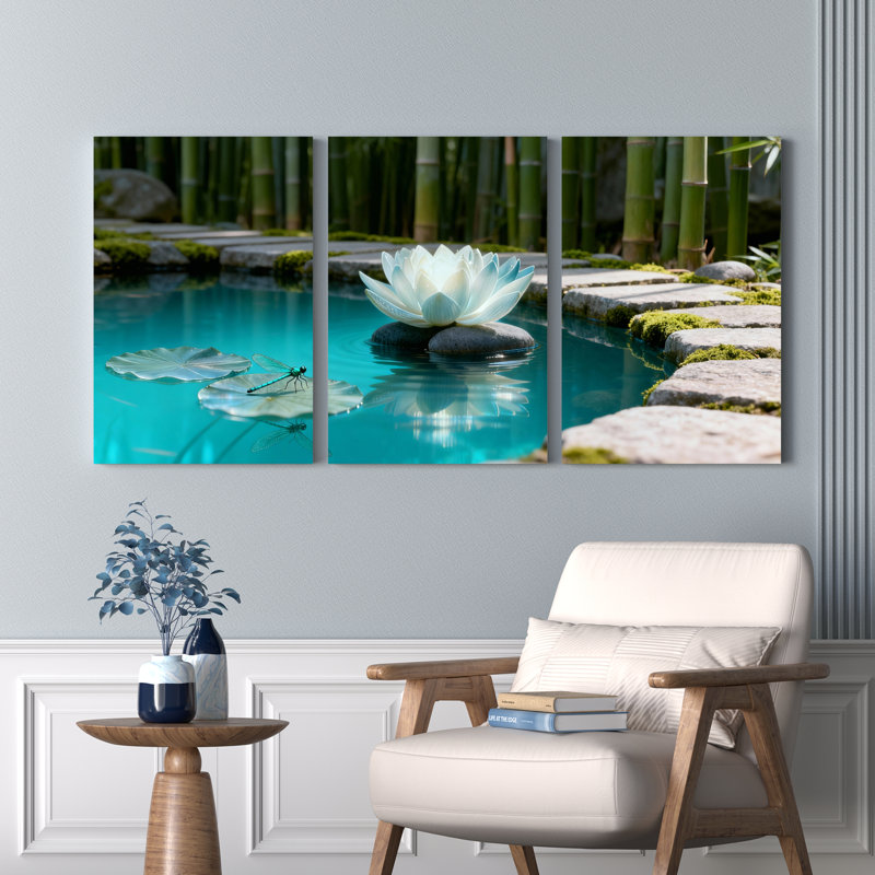 Ensemble de 3 tableaux muraux sur toile représentant un jardin de bambous et des fleurs de lotus, H 30 po x l 60 po