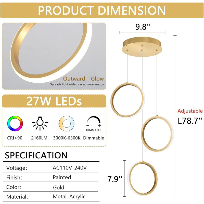 Led Dining Kitchen Chandelier, Gold