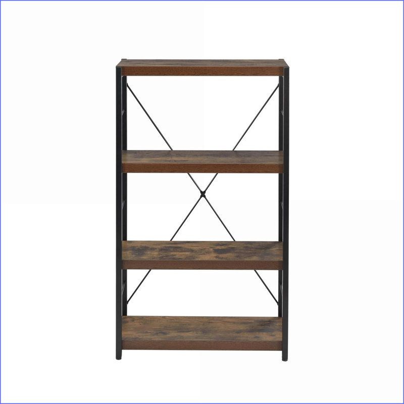 Bibliothèque rustique industrielle avec 4 tablettes fixes et plateau en chêne noir patiné | Noir | Chêne, Noir/chêne