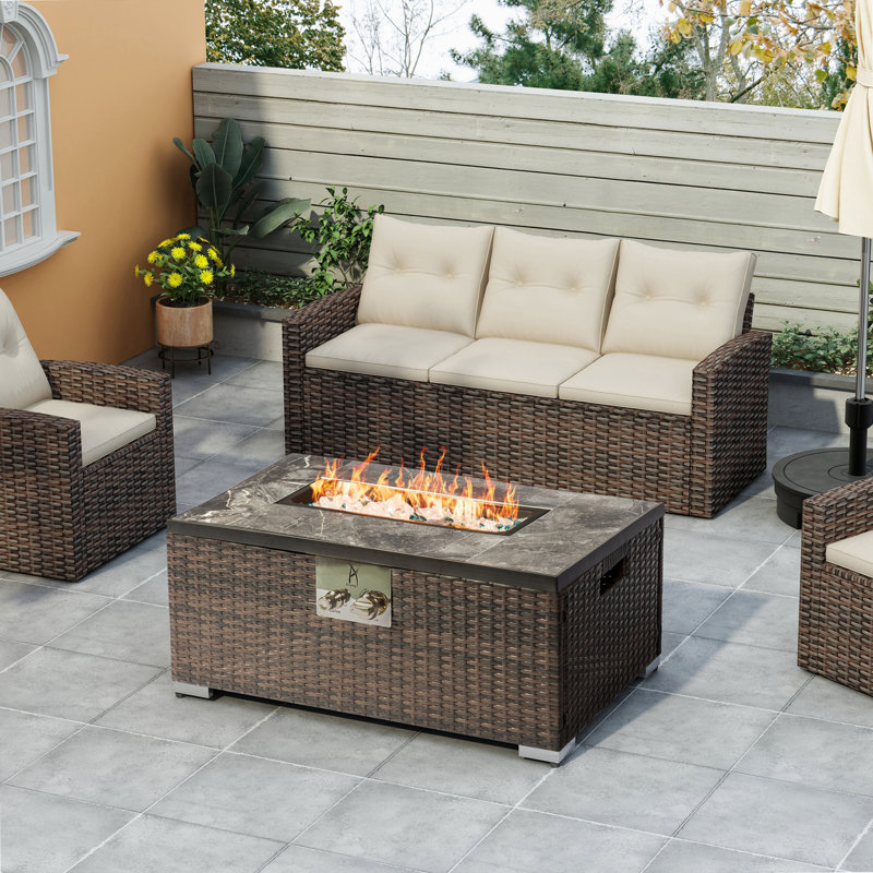 Outdoor Fire Table  Propane  Fire Pit Rattan Gas Fire Table, Gas Fire Table With Tile Tabletop