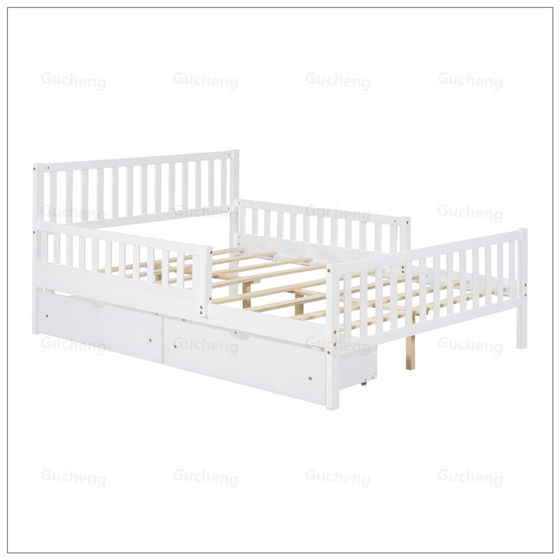 Structure de lit en bois robuste avec garde-corps et tiroirs de rangement sous le lit pour plus de sécurité et d'organisation