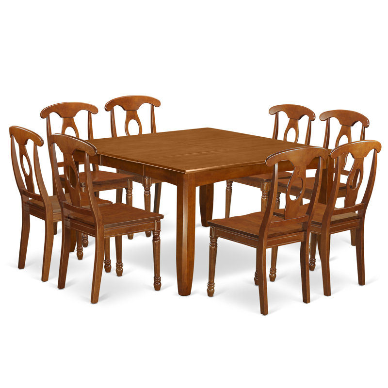 9 Piece Dining Room Furniture Set Includes a Square Wooden Table with Butterfly Leaf and 8 Kitchen Dining Chairs, Saddle Brown