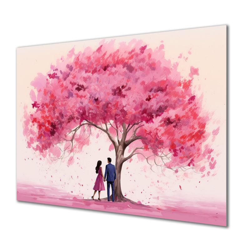 Couple romantique sous un arbre rose II - art mural romantique en métal, H 30 po x l 40 po x P 1,5 po
