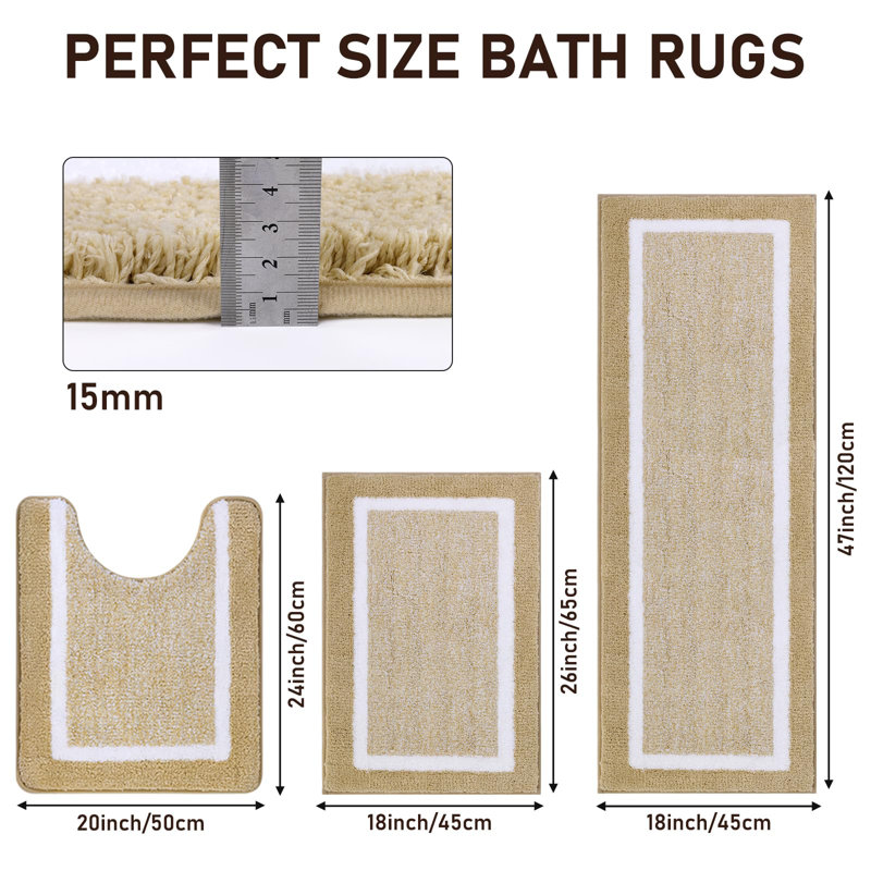 Ultra Soft 3-Piece Set Rectangle Bath Rug, Beige