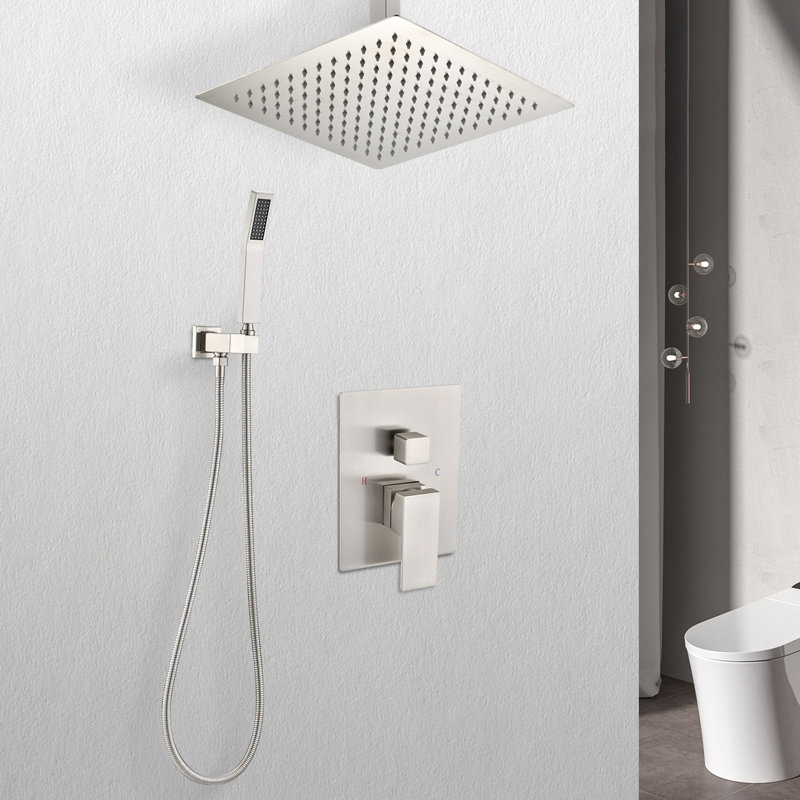 Union de douche à fixation au plafond en nickel brossé - tête de 12 po et douchette autonettoyante à sensation de pluie naturelle portative compatible avec tous les accoudoirs normaux conforme à l'ensemble de tuyaux American Standard