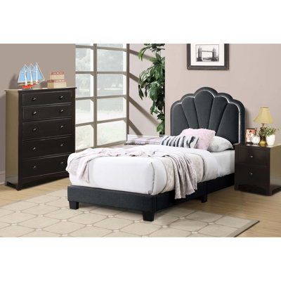 Lit simple contemporain avec tête de lit à motif floral en tissu de laine gris anthracite et lit à plateforme intégré sans sommier