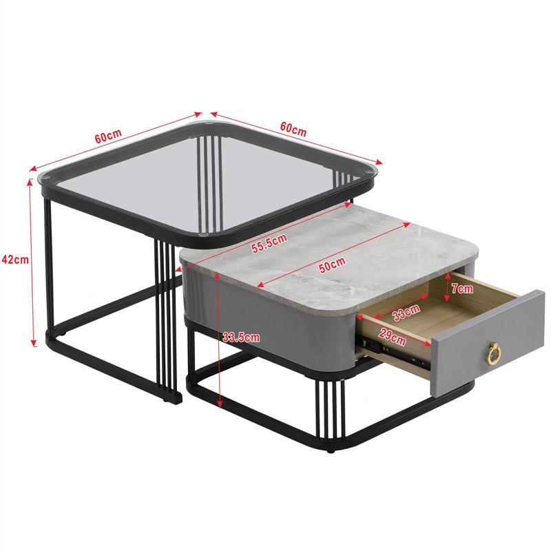 Coffee Table With High-Gloss Marble Exterior And Glass Tabletop, Black Table Legs, Side Table With Drawer (Set Of 2)