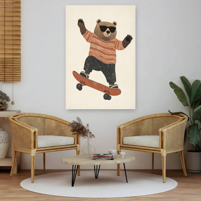 Cool Bear Skater Modern Playful Retro Bear Wall Art Print by Mathieu - Wrapped Canvas Print, 152.4cm H x 101.6cm W