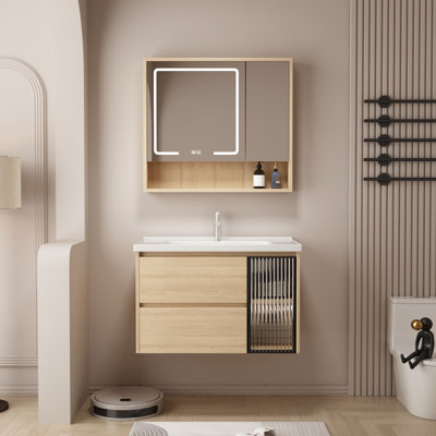 Meuble-lavabo mural 32 po avec lavabo en céramique, 2 tiroirs à fermeture en douceur et 1 porte (kaki)