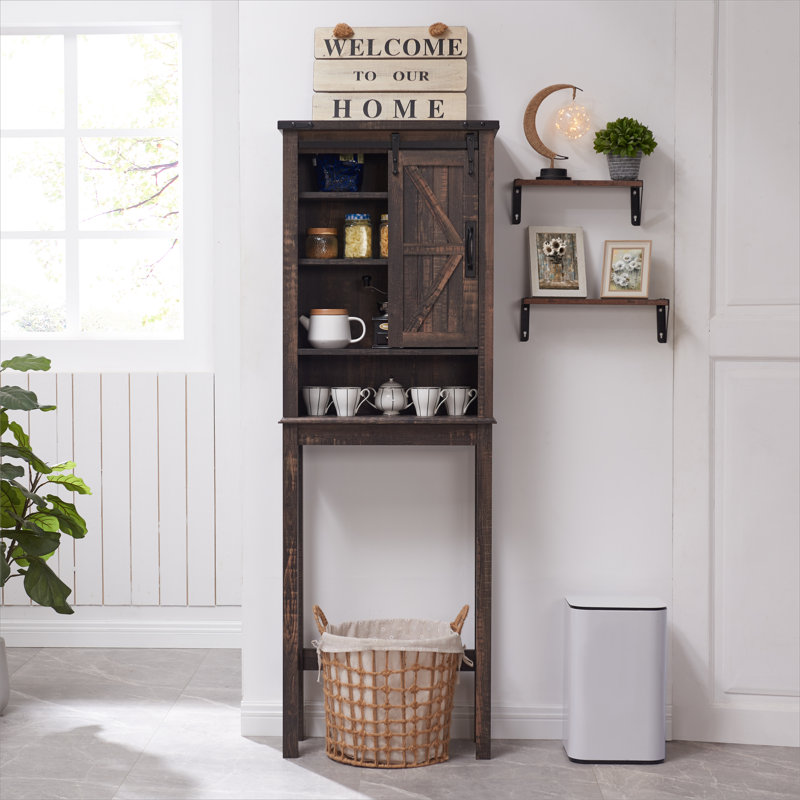 Manhattan Water-Resistant Over-the-Toilet Cabinet with Sliding Barn Door, Dark Rustic Brown