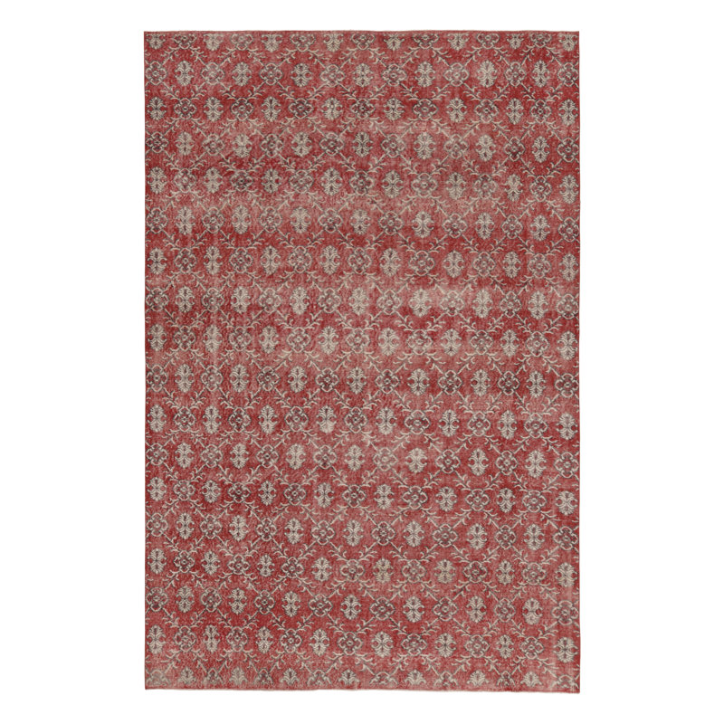 Vintage Distressed Rug, Rich Red With White Floral Lattices – Rug & Kilim