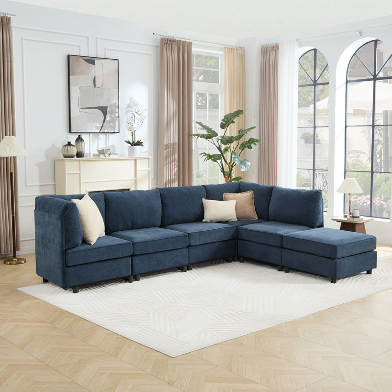 Canapé modulaire rembourré 6 pièces avec repose-pieds 6 pièces, Mélange de polyester bleu