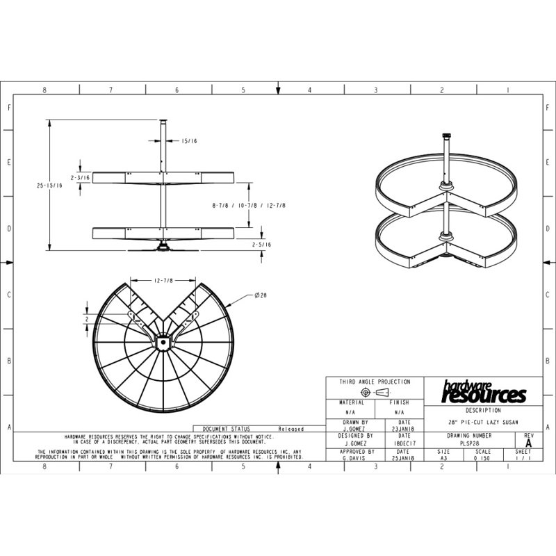 28" Pie-Cut Plastic Lazy Susan, 32" H x 28" W x 28" D