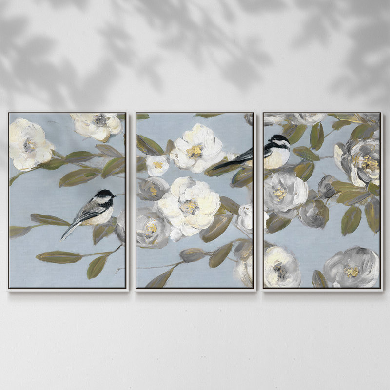 Chickadees and Blossoms, toile tendue avec châssis en I, Blanc, H 36 po x l 75 po x P 2 po