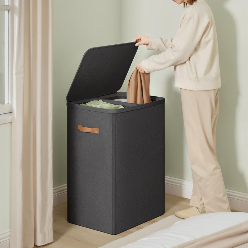 44.9 Gal Double Hamper With Lid, Dual Compartments, Removable Bags And Handles, Quick-Assembly Laundry Basket, Black