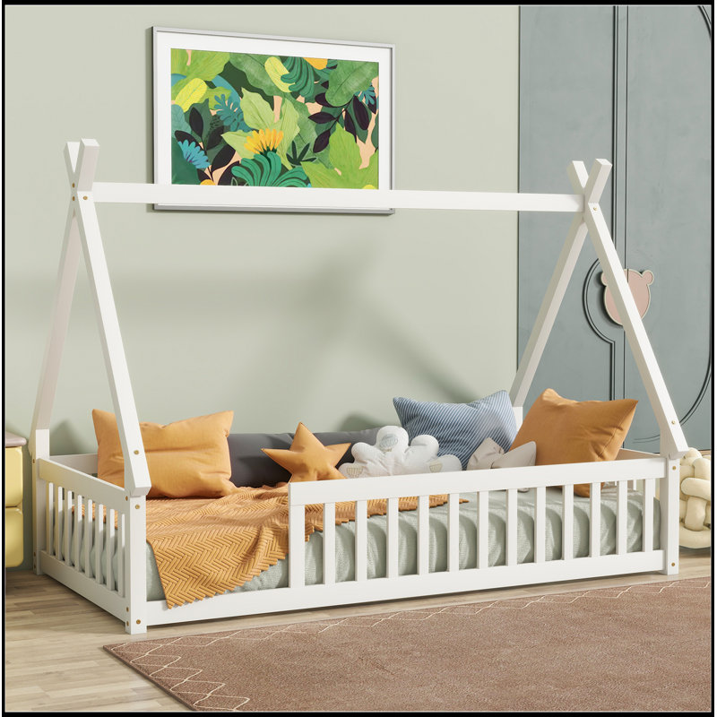 Twin Tent-Shaped Floor Bed,Teepee Bed With Guardrails,Slats,White, White