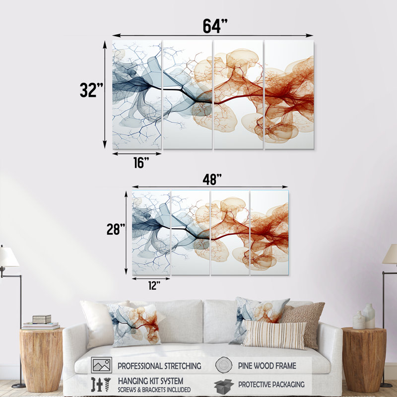 Mycelium Structures, orange, bleu, art abstrait sur toile, vagues modernes, 4 pièces, H 28 po x l 48 po
