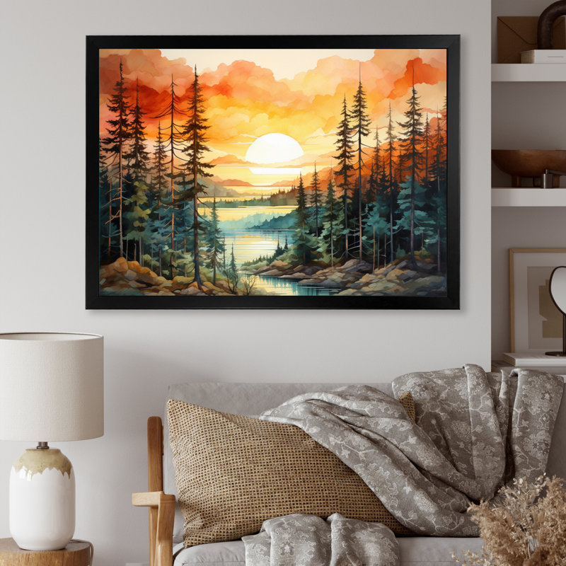 Pin, coucher de soleil brillant II - Pin, art mural, H 34 po x l 44 po x P 1,5 po, Cadre simple noir