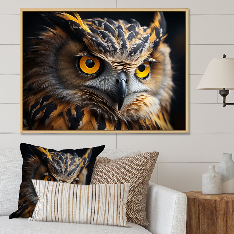 Portrait d'un hibou jaune - impression, H 16 po x l 32 po x P 1 po, Cadre naturel flottant