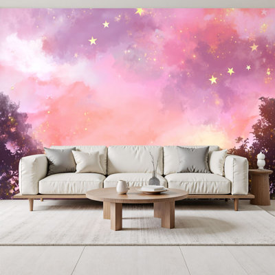 Papier peint autocollant Boho Clouds Serene Sky Horizon Lavender Clouds Glowing Stars
