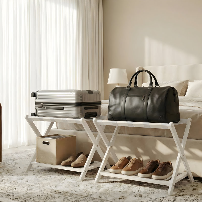 Porte-bagages, support de valise pliable avec tablette de rangement et sangles en nylon, Blanc