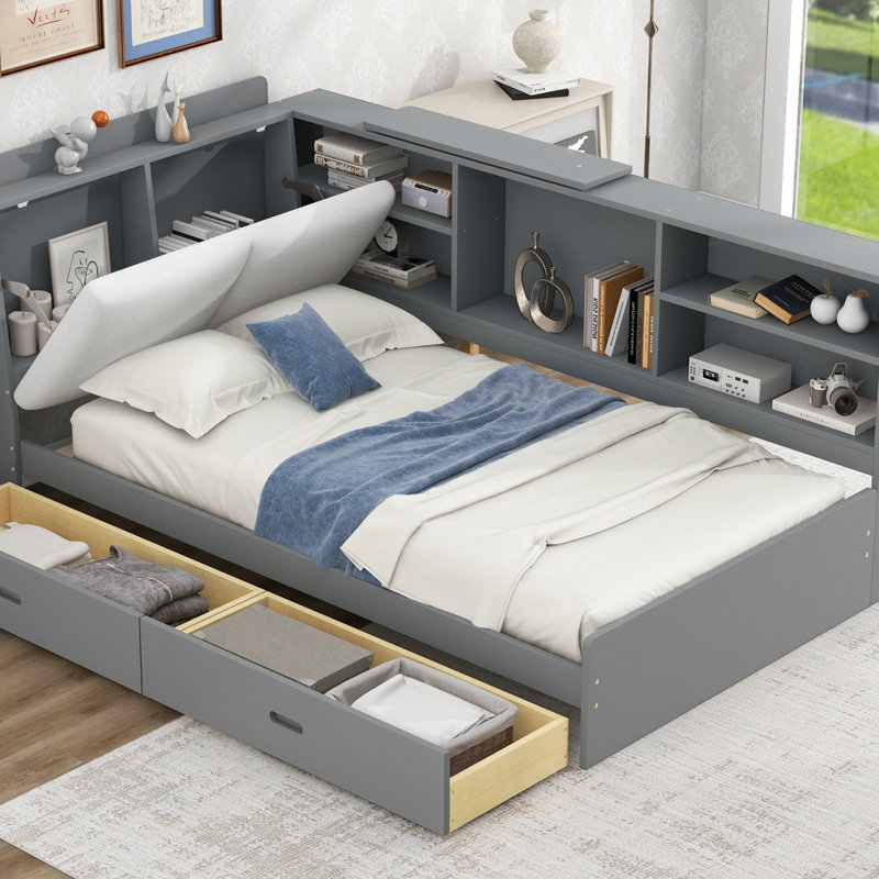 Lit plateforme en bois avec tête de lit, tablettes et 2 tiroirs, cadre de lit, Gris antique
