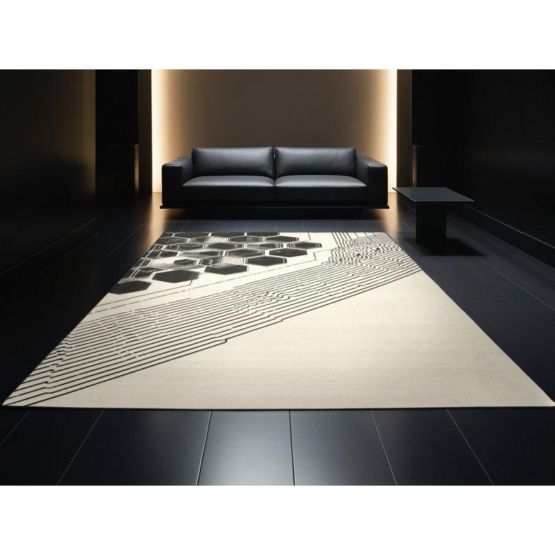 Tapis géométrique minimaliste beige lavable à la machine Cumberland Ai Supercomputer, 5 x 7