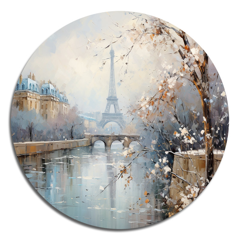 Hiver Paris, Tour Eiffel, ville charmante I - paysages urbains ronds, art en métal, H 16 po x l 16 po