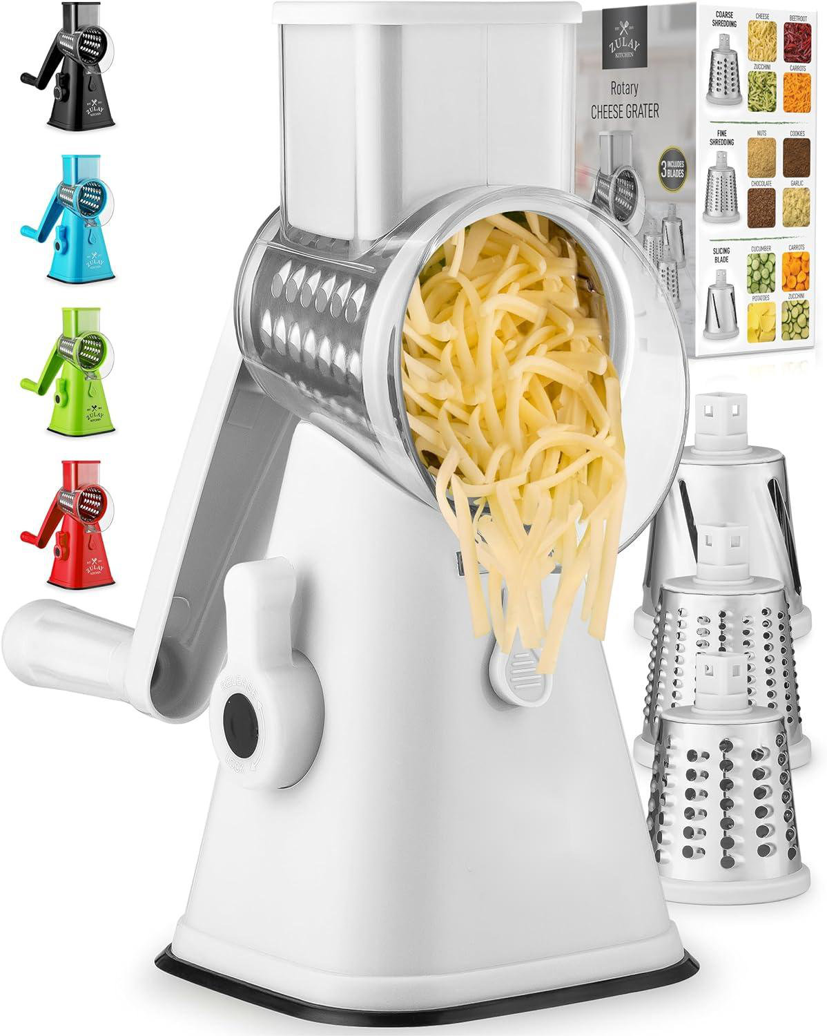 Elaine Mercure Rotary Cheese Grater With Upgraded, Reinforced Suction Round Cheese  Shredder Grater With 3 Replaceable Stainless Steel Drum Blades Easy To Use  Clean Vegetable Slicer Nut Grinder White