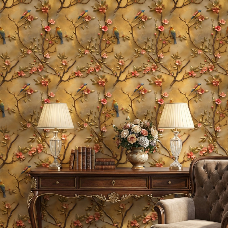 Papier peint floral oiseaux