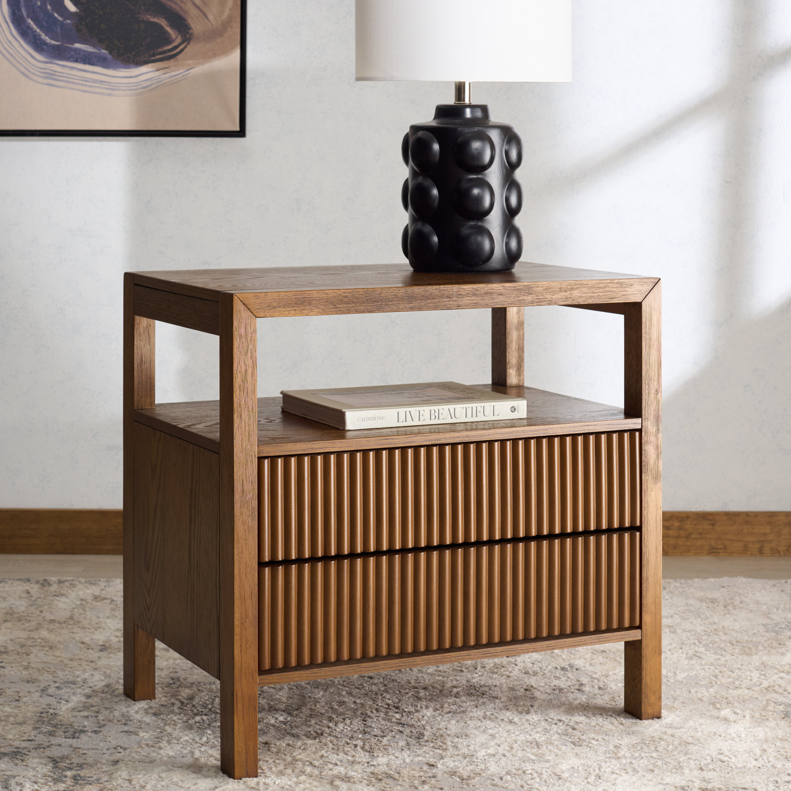 Dorchester 2 Drawer Reeded Nightstand, Medium Oak