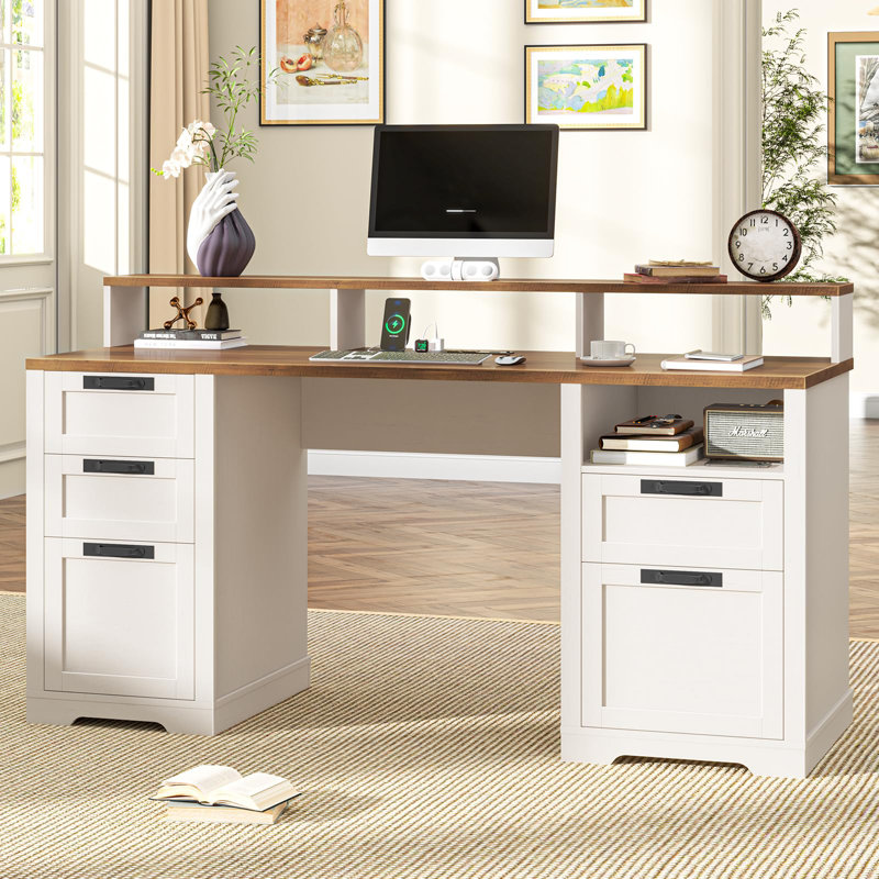 61" Farmhouse Executive Desk With LED Lights And Power Outlets, Brown/White