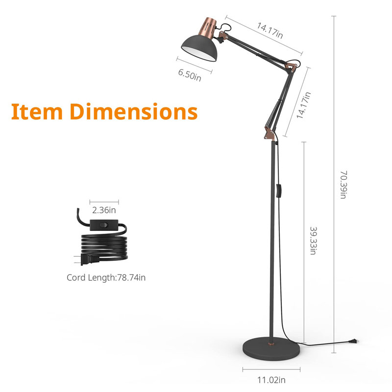Metal Adjustable Reading Swing Arm Standing Lamp, Sand Black
