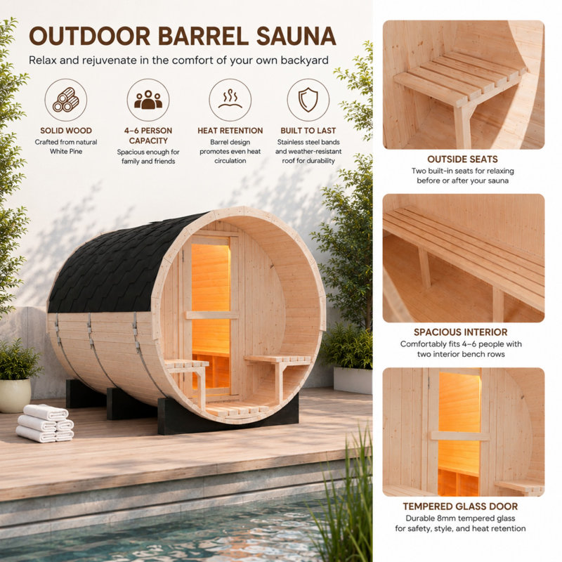 6 Person Outdoor 6KW White Pine Wood Barrel Sauna With Tempered Glass Door And Porch Benches For Backyard Patio